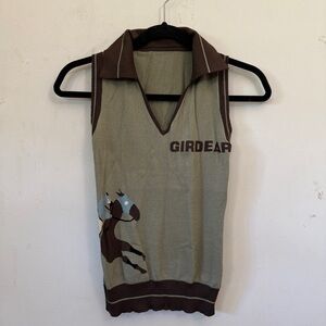Girdear Brown Graphic Sleeveless Knit Collar Top S